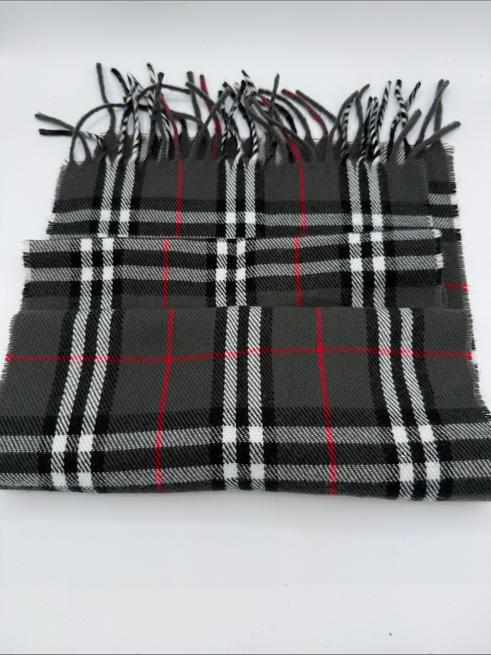 Burberry's of London | Vintage Dark Gray Plaid Lambswool Scarf with Red Accents - Picture 3 of 3